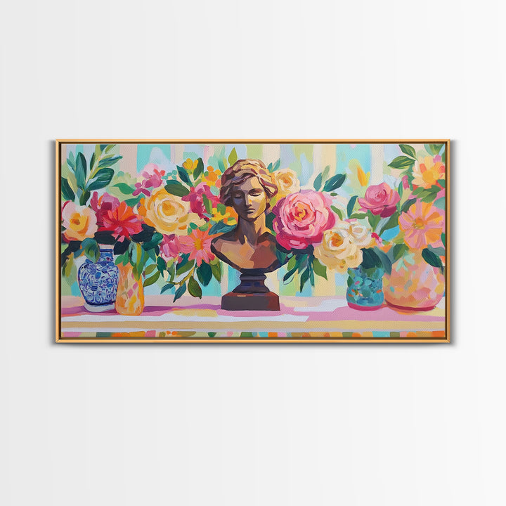Classical Bust With Roses Framed Canvas Print, Floral Wall Art, Romantic Garden Decor, Feminine Living Room Art Gift For Her