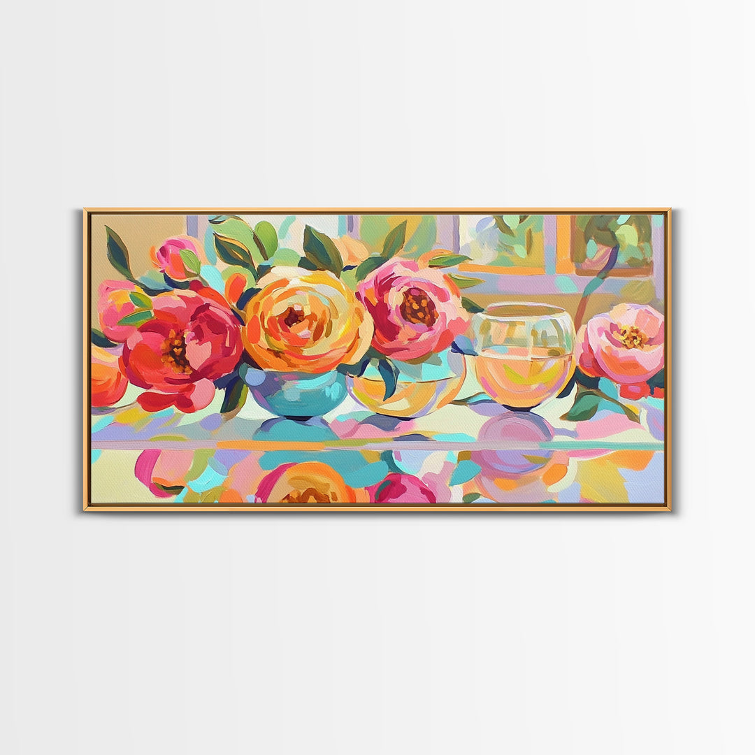 Pink Roses And White Wine Framed Canvas Print, Floral Still Life Wall Art, Romantic Kitchen Decor Gift For Her Dining Room Art