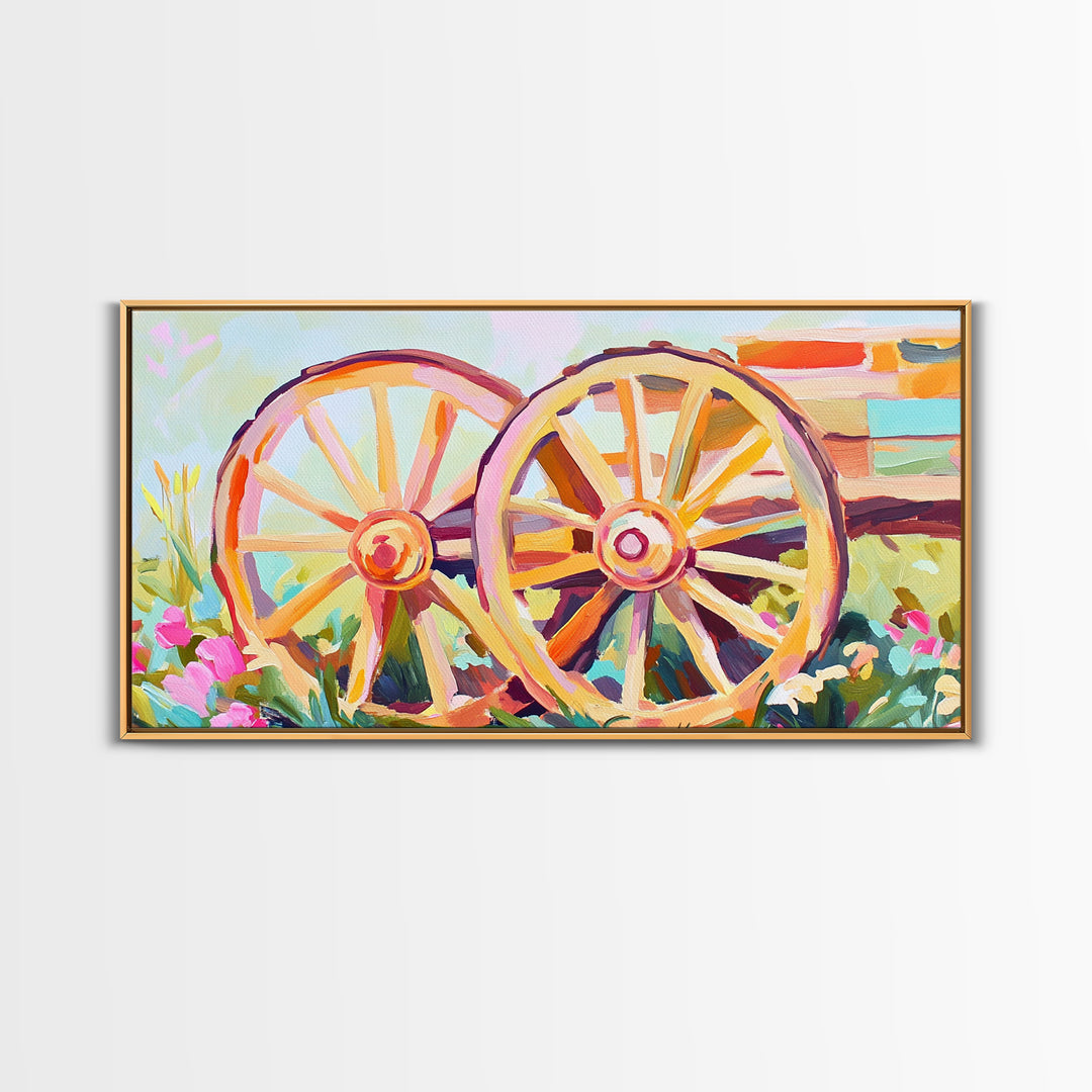 Rustic Wagon Wheels In Flower Garden Framed Canvas Print, Farmhouse Wall Art, Western Decor, Country Landscape Gift For Home