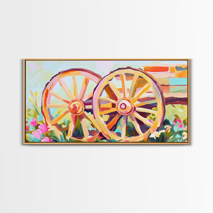 Rustic Wagon Wheels In Flower Garden Framed Canvas Print, Farmhouse Wall Art, Western Decor, Country Landscape Gift For Home