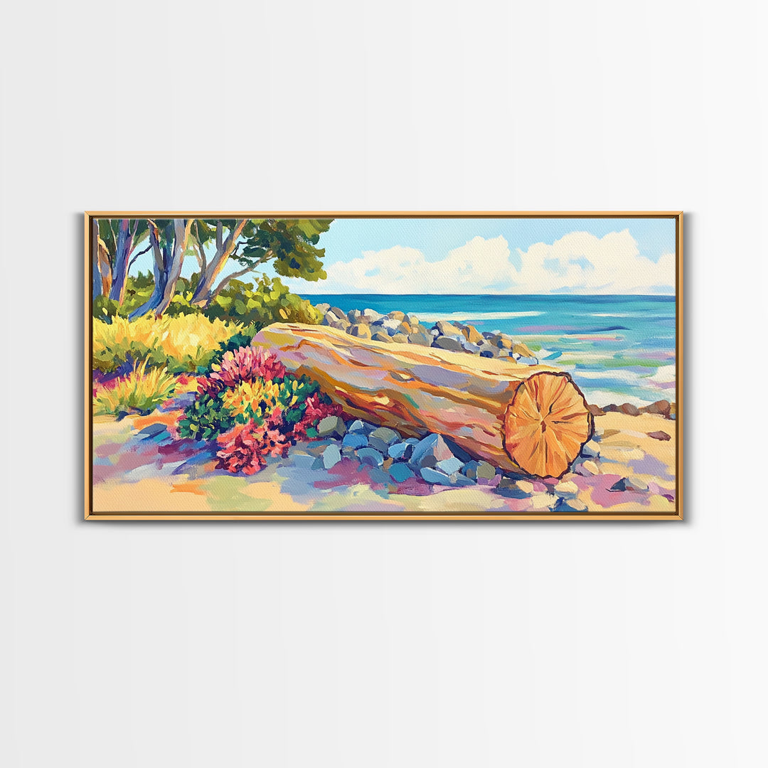 Sunlit Driftwood Beach And Turquoise Ocean Canvas Print, Coastal Wall Art, Seascape Painting, Beach House Decor Gift For Her