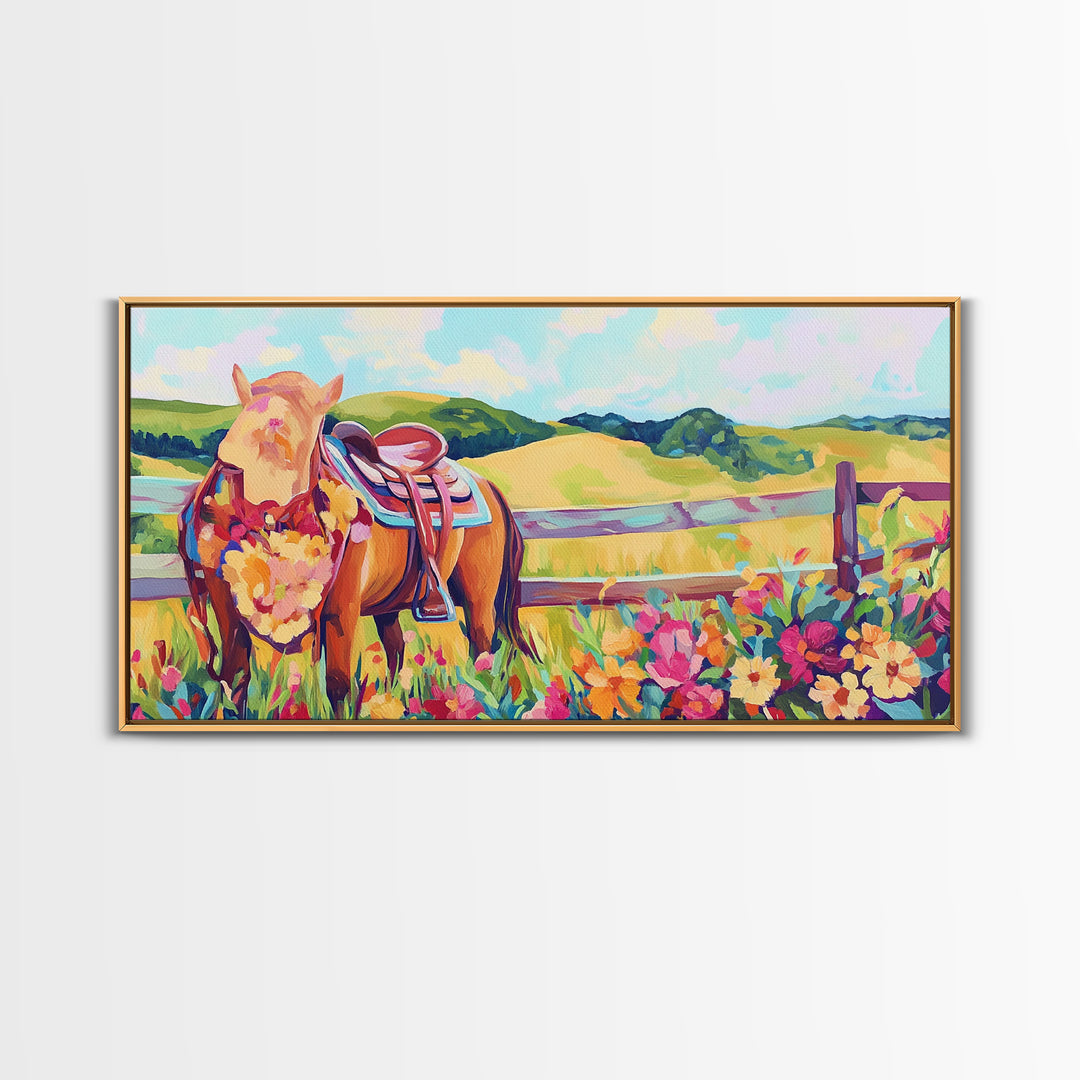 Pasture Horse With Saddle And Wildflowers Framed Canvas Print, Western Wall Art, Country Farmhouse Decor, Horse Lover Gift