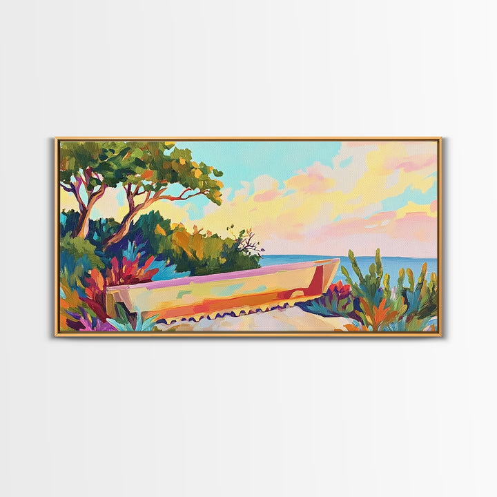 Pastel Garden Bench Overlooking Calm Sea Canvas Print, Coastal Wall Art, Mediterranean Decor, Serene Landscape For Living Room