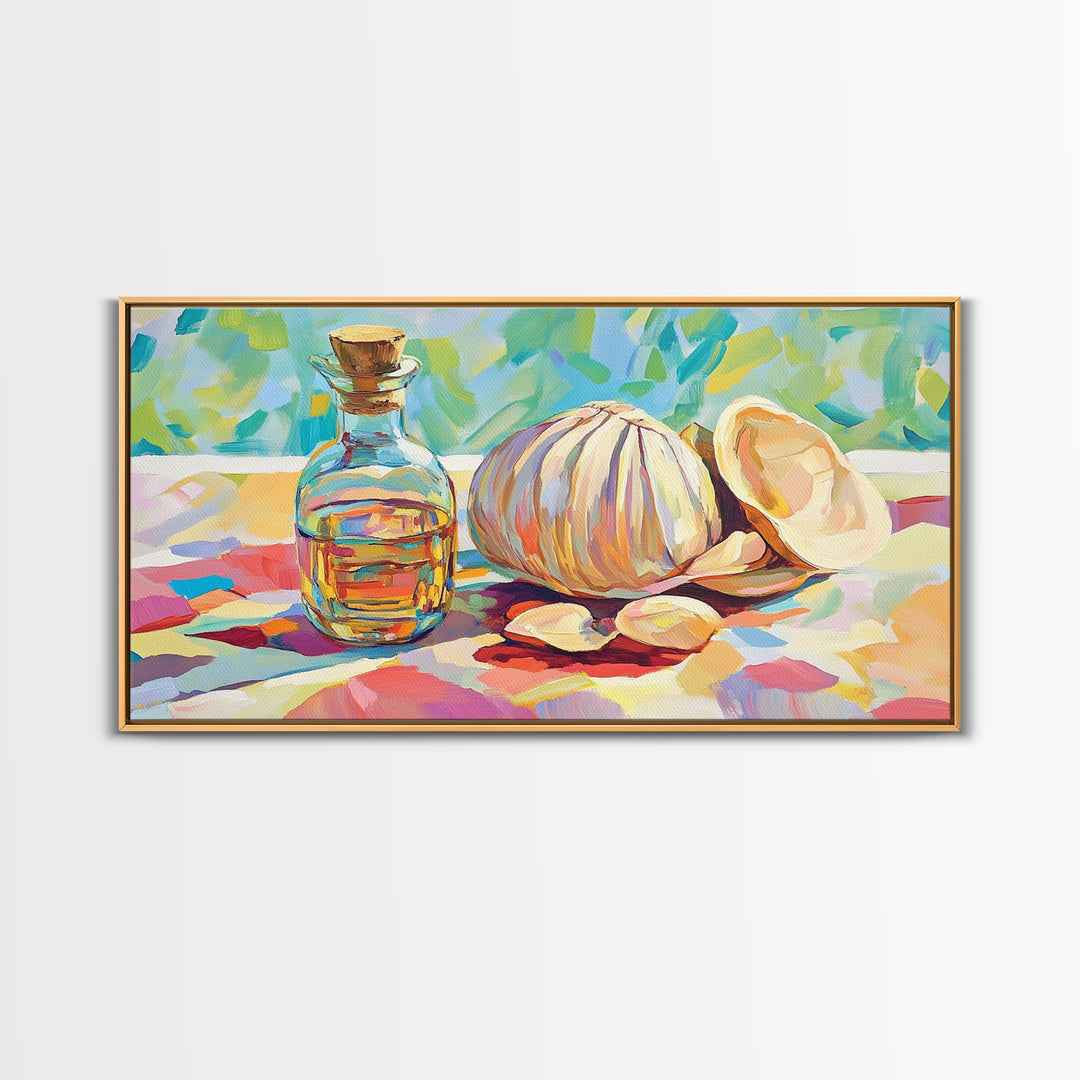 Garlic Bulb With Glass Oil Bottle And Shell Canvas Print, Kitchen Wall Art, Coastal Food Still Life Decor, Housewarming Gift