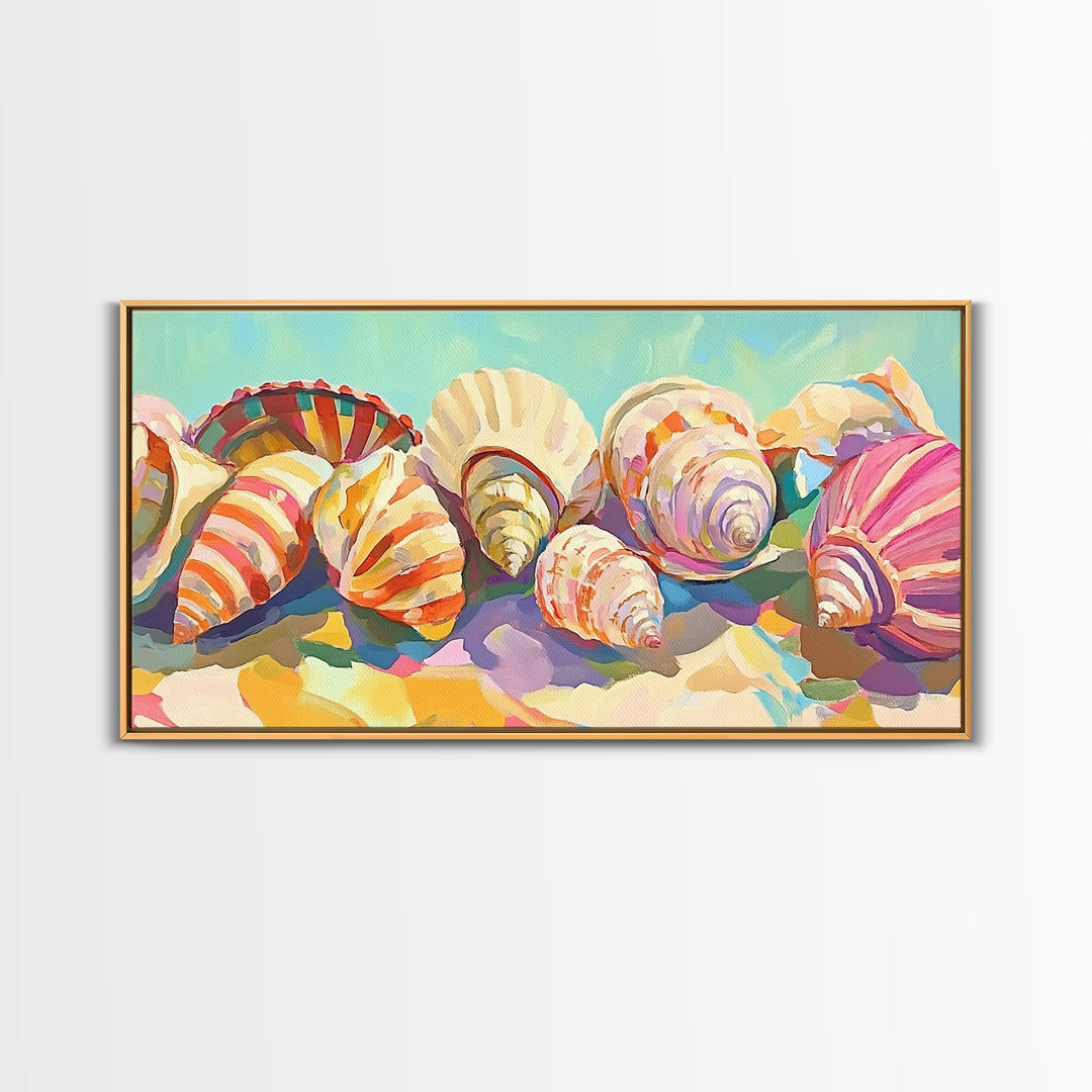 Rainbow Seashell Collection Beach Still Life Canvas Print, Coastal Wall Art, Nautical Home Decor, Colorful Beach House Gift