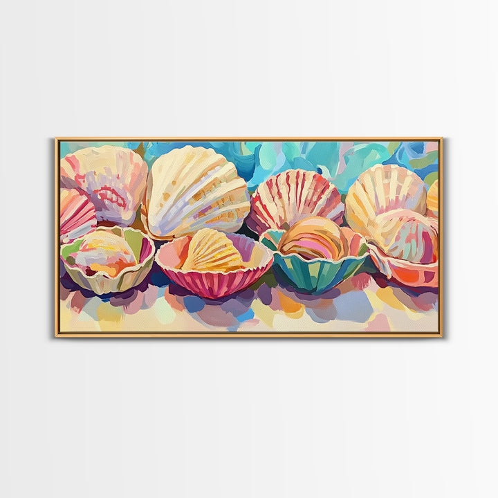 Colorful Scallop Shell Trio Still Life Wall Art, Coastal Bathroom Decor, Seashell Canvas Print, Beach House Gallery Art Print
