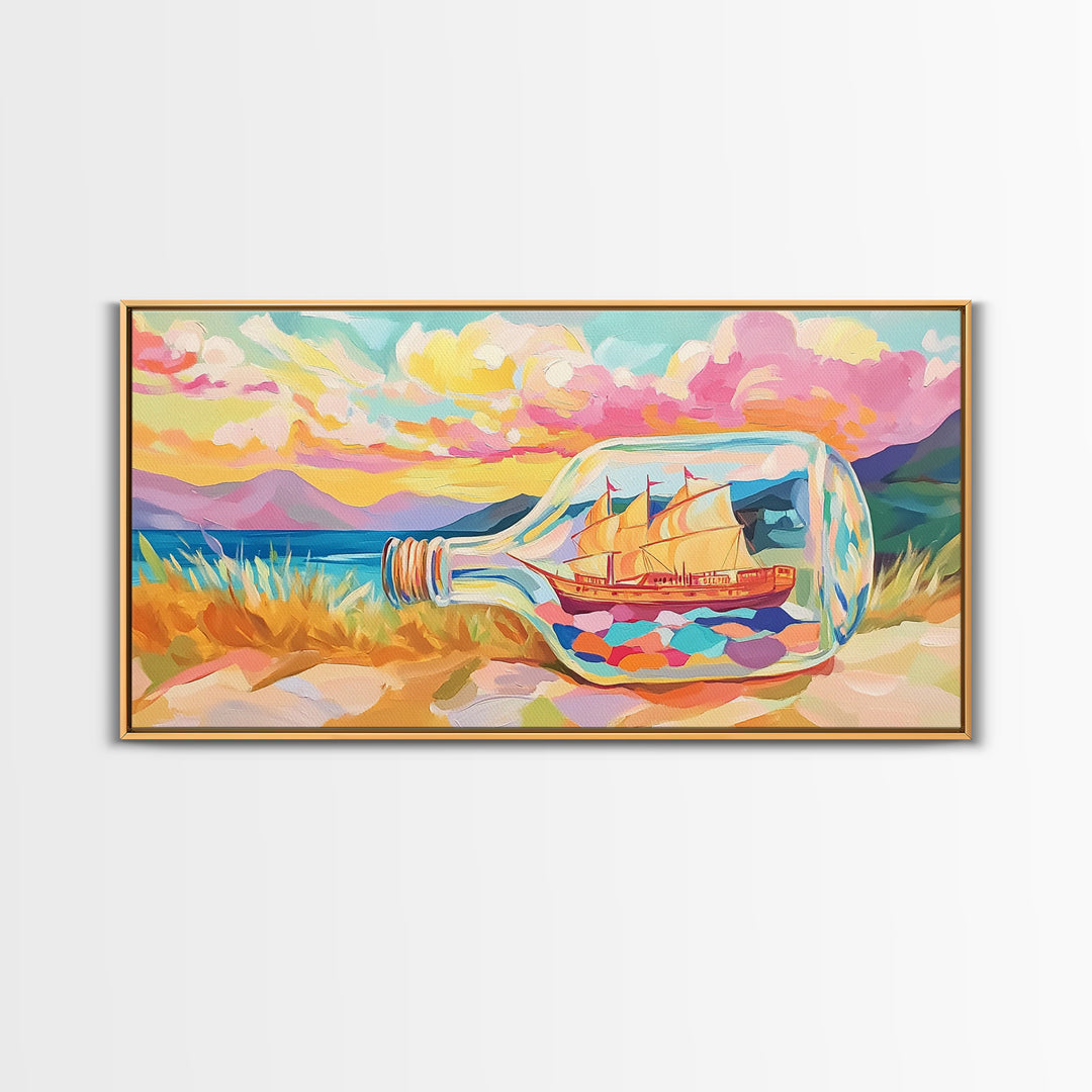 Ship In A Bottle Sunset Seascape Canvas Print, Coastal Wall Art, Nautical Beach House Decor, Whimsical Ocean Landscape Art