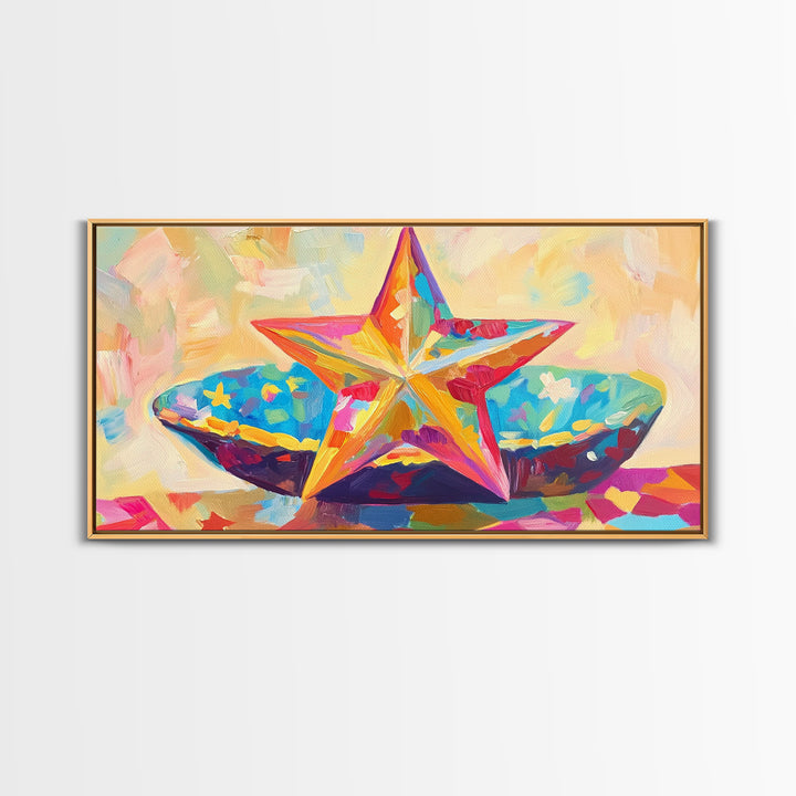 Painted Starfish And Bright Seashell Still Life Wall Art, Coastal Canvas Print, Beach House Decor, Colorful Nautical Art Gift