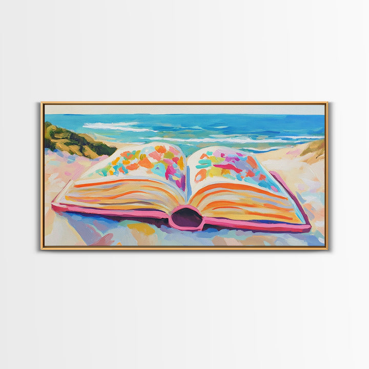 Open Book On Sunny Beach Canvas Print, Coastal Wall Art, Beach House Decor, Ocean Landscape Art, Gift For Book Lover, Living Room Decor