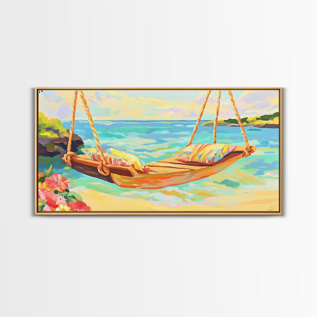 Tropical Beach Hammock Over Turquoise Water Canvas Print, Coastal Wall Art, Beach House Decor, Summer Living Room Decor Gift