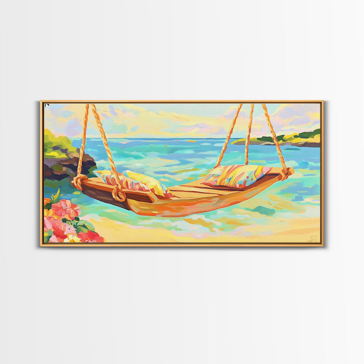 Tropical Beach Hammock Over Turquoise Water Canvas Print, Coastal Wall Art, Beach House Decor, Summer Living Room Decor Gift