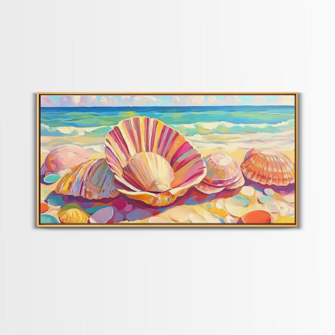 Pink Seashells On Sandy Beach Canvas Print, Coastal Wall Art, Beach House Decor, Ocean Wall Decor, Summer Gift For Her, Bathroom Decor