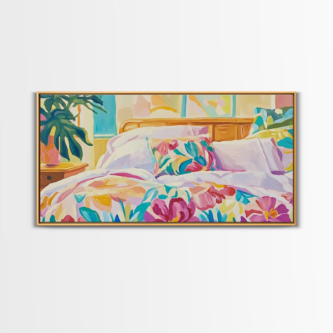 Bright Floral Bedding In Sunlit Bedroom Wall Art, Cozy Master Bedroom Decor, Tropical Canvas Print, Above Bed Gift For Her