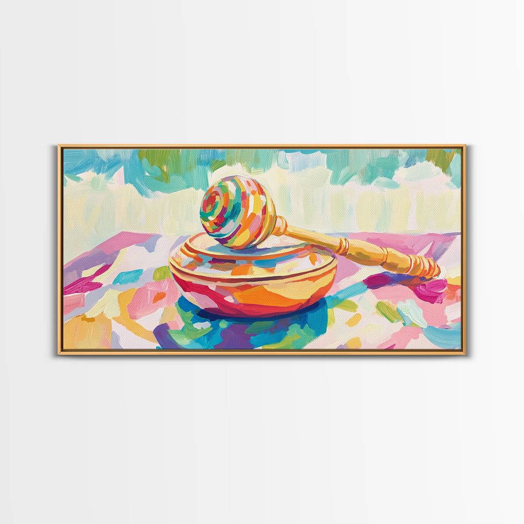 Rainbow Maraca On Painted Bowl Canvas Print, Colorful Music Room Wall Art, Whimsical Nursery Decor And Playroom Art Gift