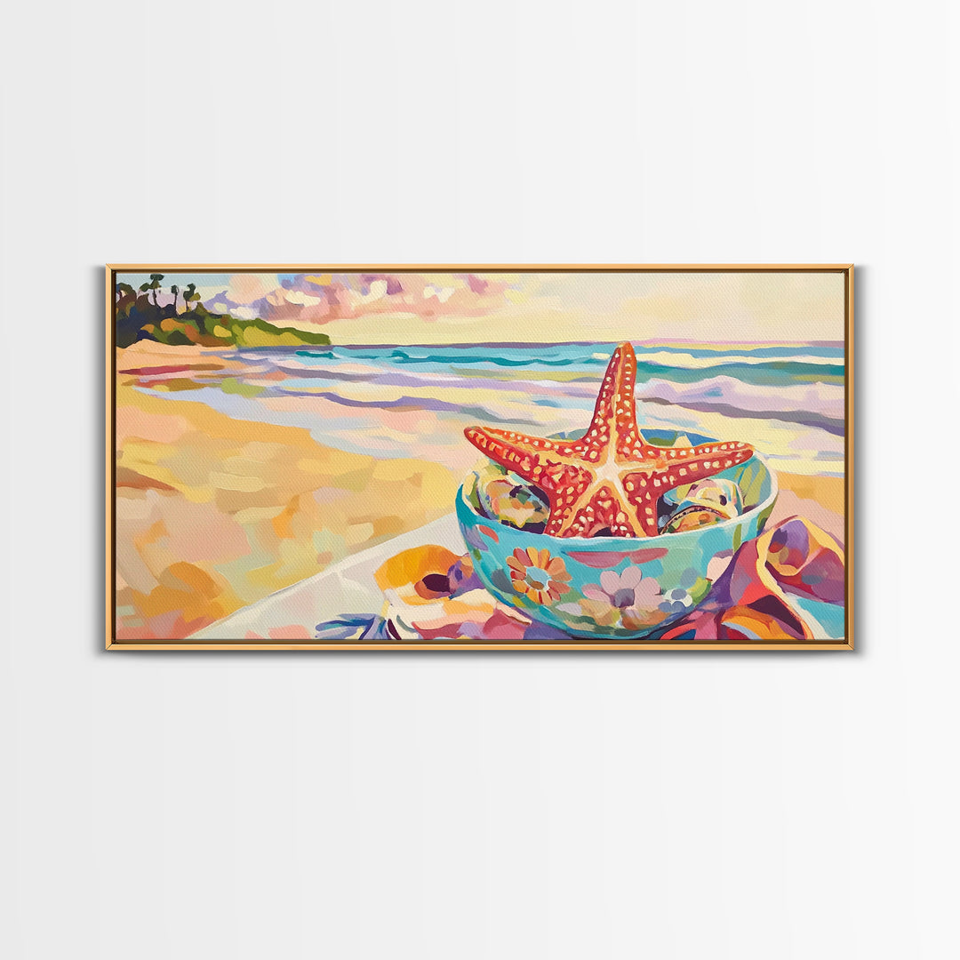 Red Starfish In Floral Bowl Beach Wall Art, Coastal Canvas Print, Ocean Decor, Beach House Gift For Her, Summer Seascape