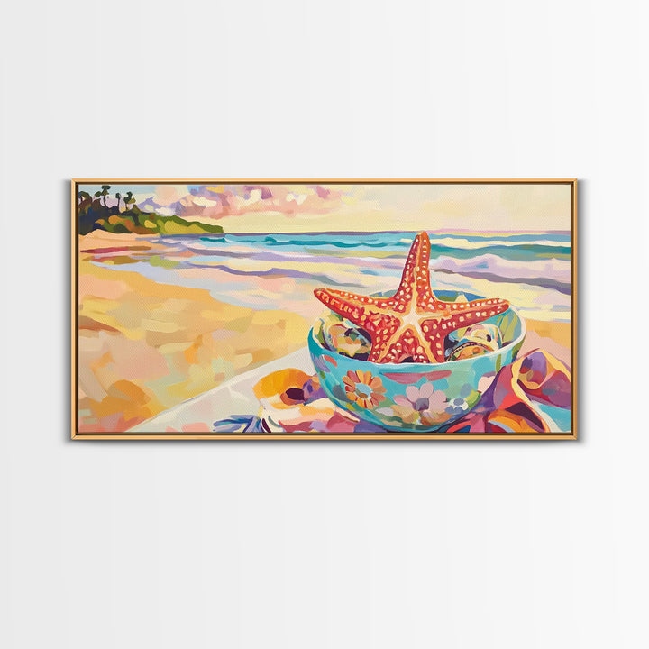 Red Starfish In Floral Bowl Beach Wall Art, Coastal Canvas Print, Ocean Decor, Beach House Gift For Her, Summer Seascape
