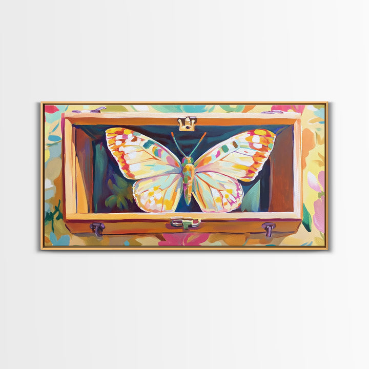 White Butterfly In Wooden Case Framed Canvas Print, Whimsical Animal Wall Art, Nature Inspired Art, Colorful Home Decor Gift