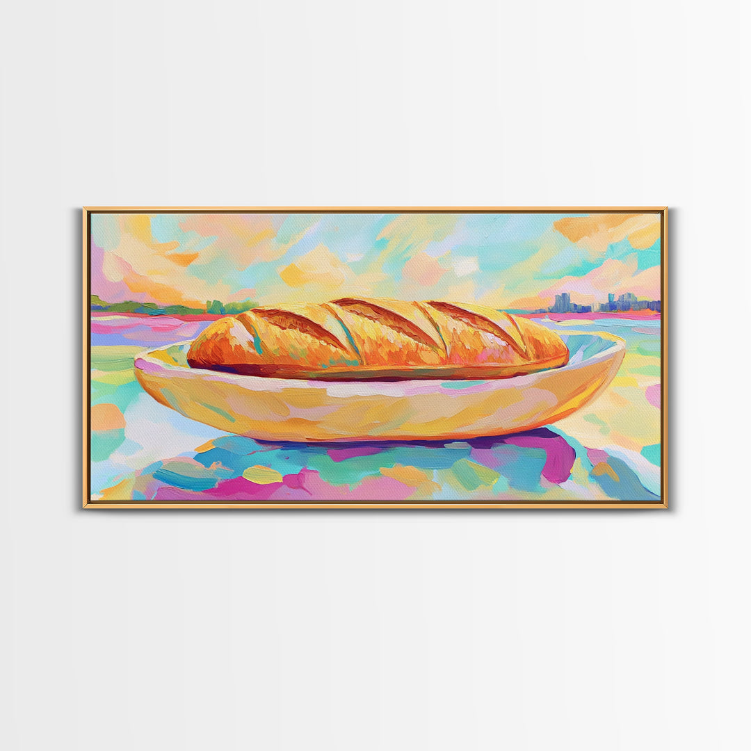 Golden Croissant On Coastal Plate Canvas Print, French Bakery Kitchen Wall Art, Beach House Decor, Cafe Poster, Food Lover Gift