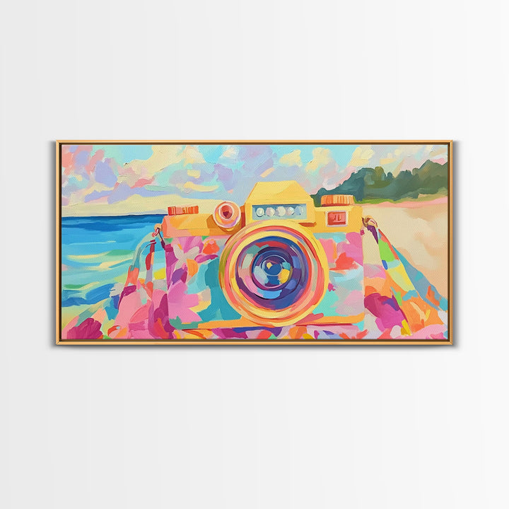 Retro Floral Camera On Sunny Beach Towel Canvas Print, Coastal Wall Art, Photography Decor, Dopamine Decor, Gift For Her