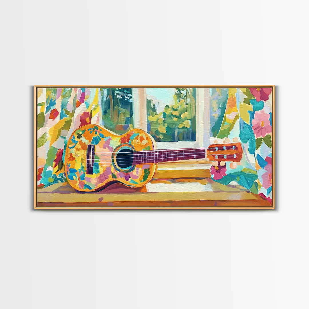 Painted Ukulele By Sunny Window Framed Canvas Print, Music Room Decor, Tropical Wall Art, Boho Home Decor, Gift For Music Lover