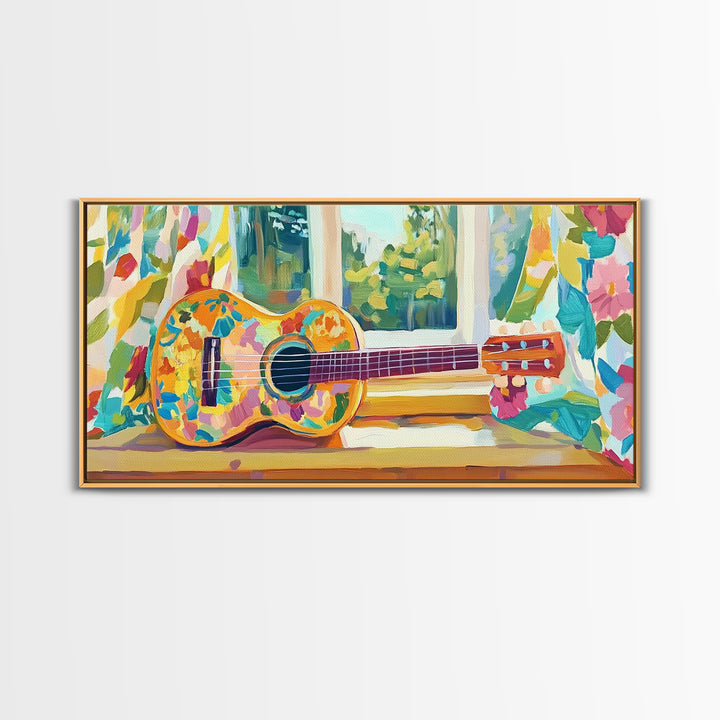 Painted Ukulele By Sunny Window Framed Canvas Print, Music Room Decor, Tropical Wall Art, Boho Home Decor, Gift For Music Lover