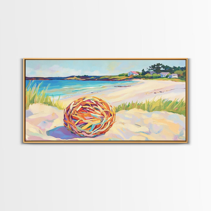 Woven Beach Ball On Sandy Shore Wall Art, Coastal Seascape Canvas, Beach House Decor, Summer Ocean Landscape Print Gift For Her