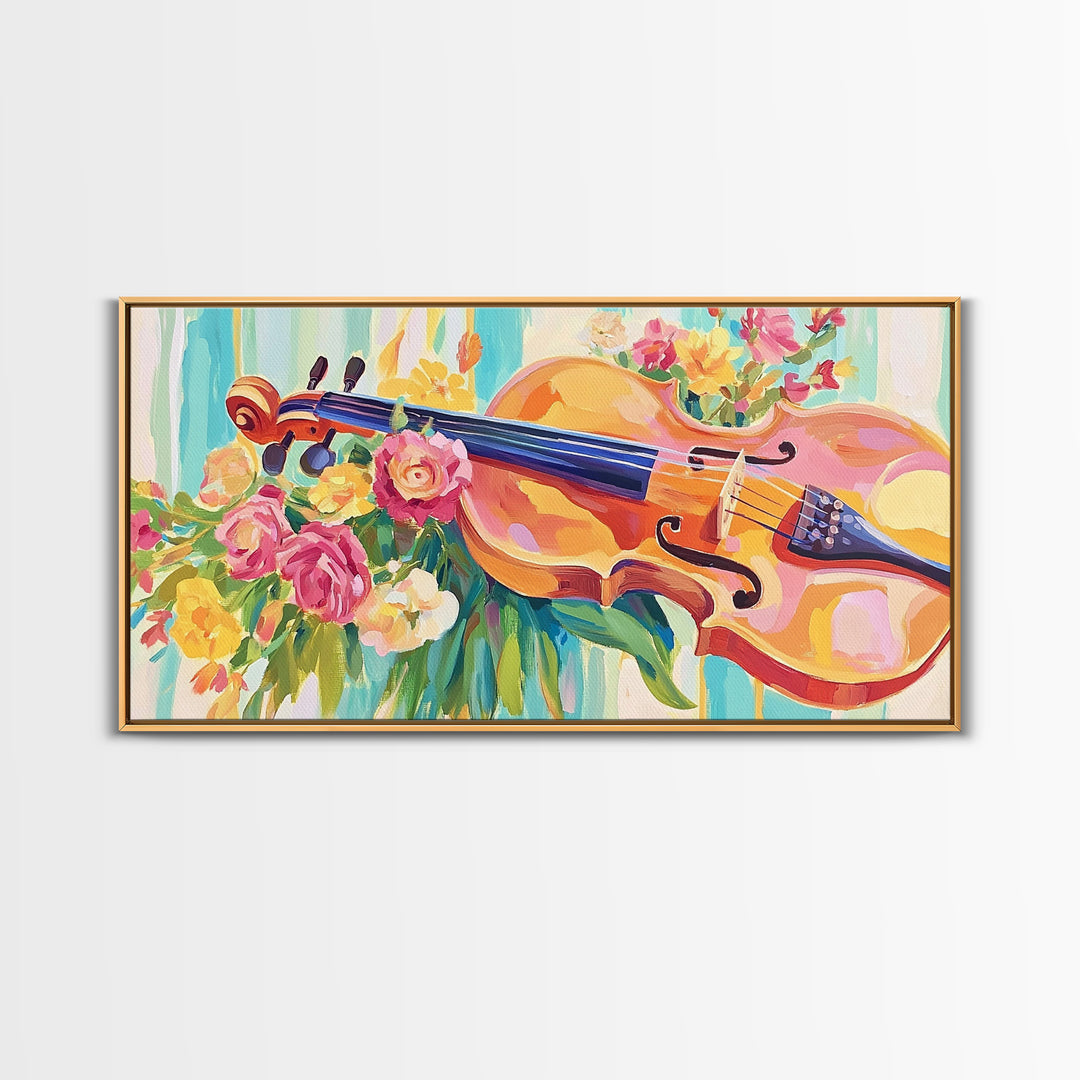 Romantic Violin With Garden Flowers Framed Canvas Print, Music Room Decor, Floral Wall Art, Gift For Music Lover, Elegant Fine Art Print