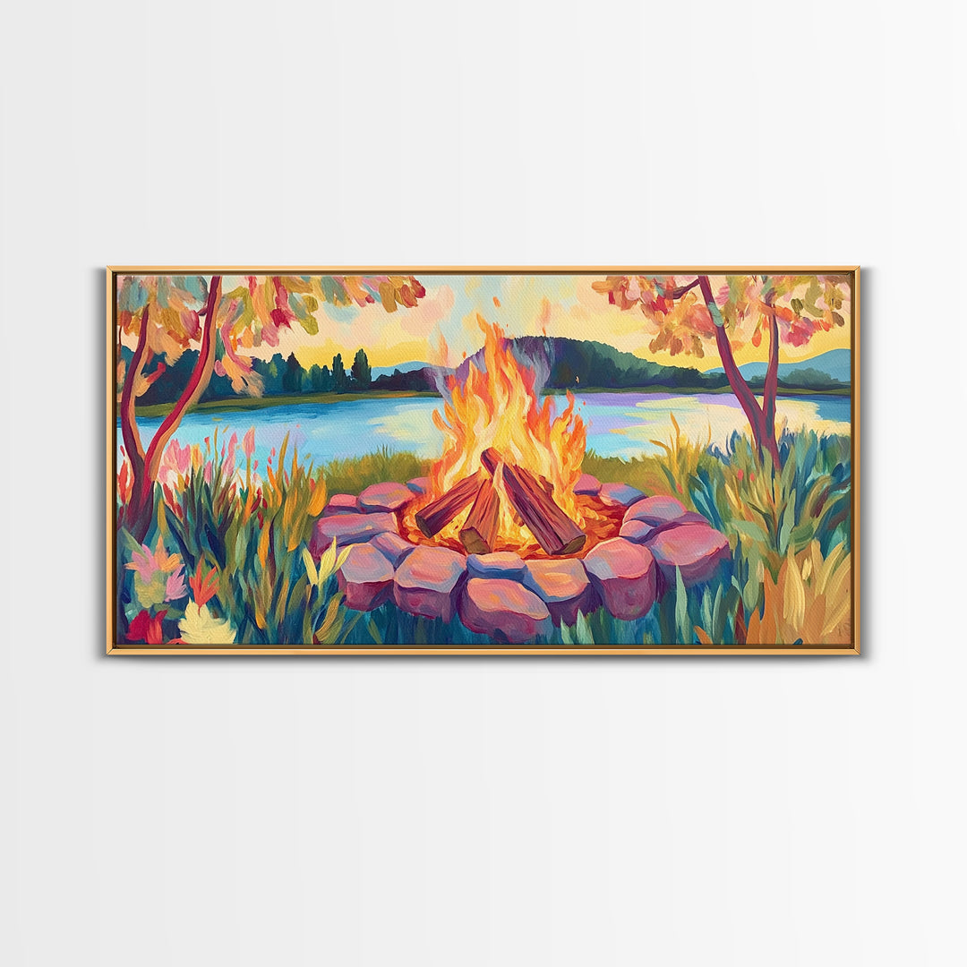 Lakeside Campfire At Sunset Framed Canvas Print, Cozy Cabin Wall Art, Rustic Home Decor, Nature Landscape Gift, Lake House Decor