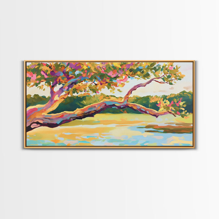Colorful Lakeside Tree Wall Art, Vibrant Landscape Painting, Nature Canvas Wall Art, Living Room Decor, Housewarming Gift