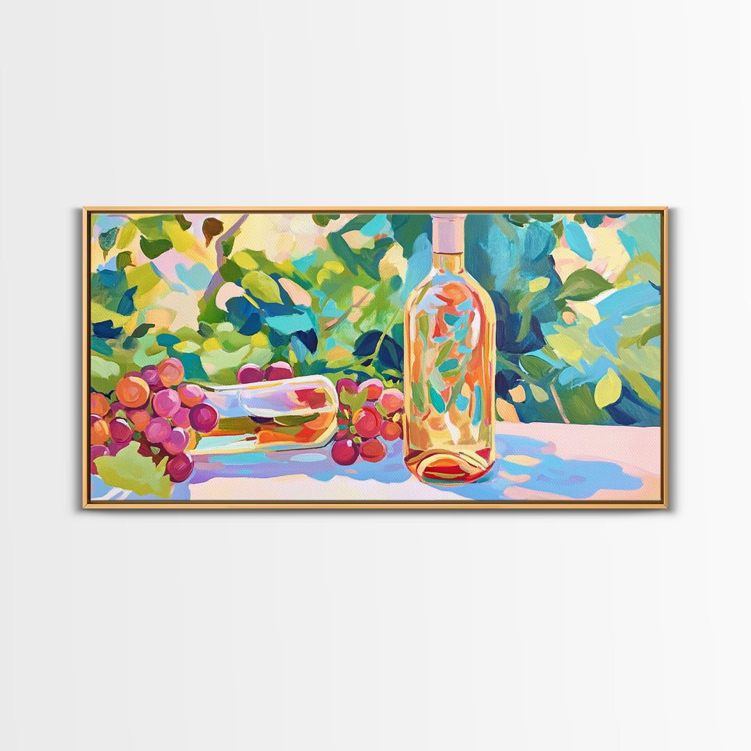 Sunlit Wine Bottle And Grapes Framed Canvas Print, Vineyard Kitchen Wall Art, Winery Decor, Wine Lover Housewarming Gift