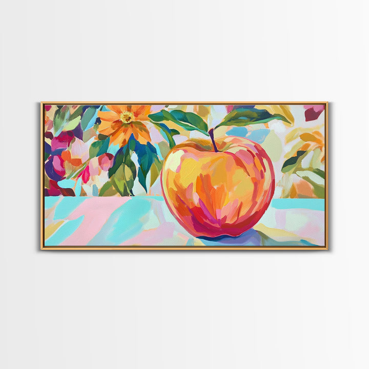 Single Apple With Bold Flowers Canvas Print, Colorful Kitchen Wall Art, Fruit Still Life, Botanical Decor, Housewarming Gift