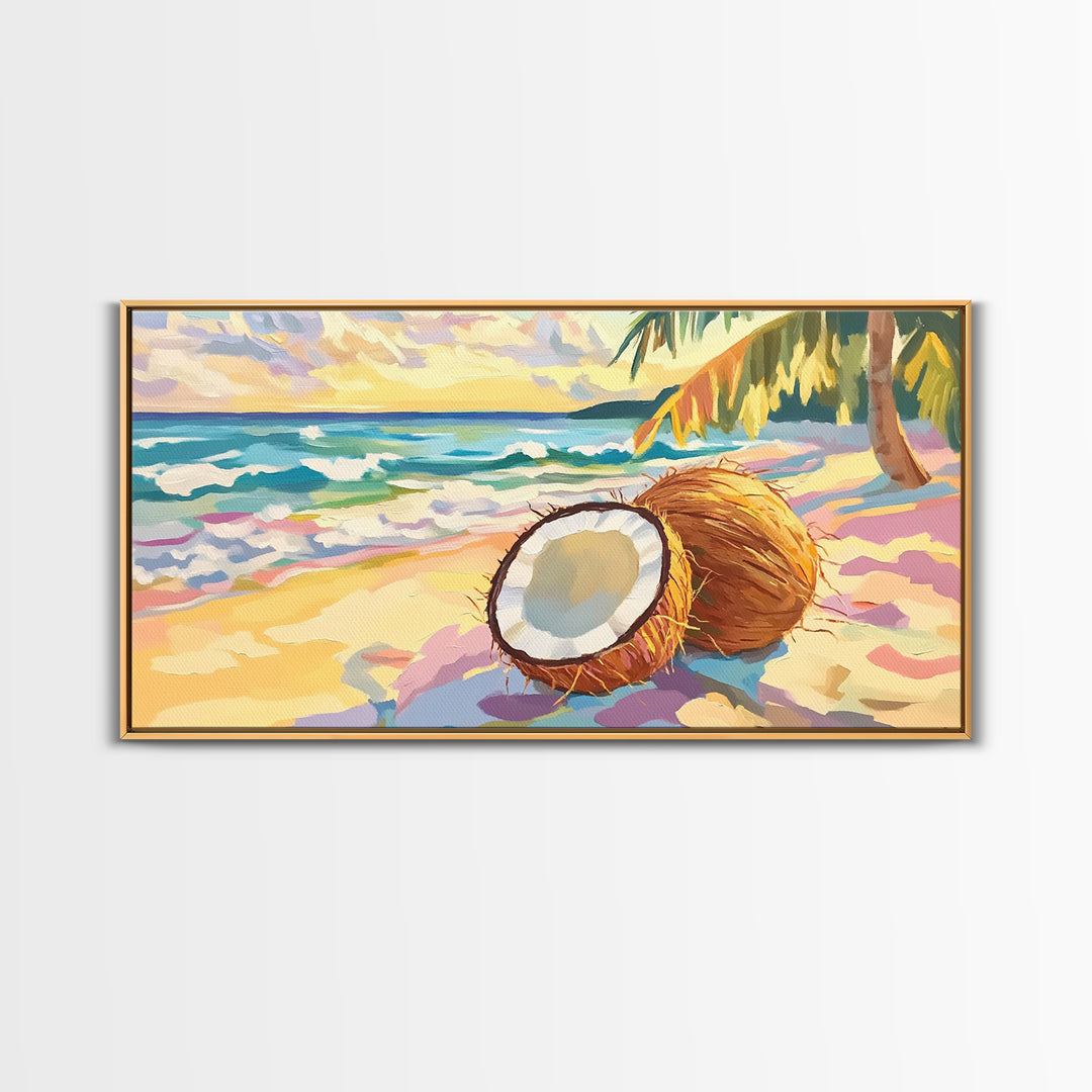 Tropical Coconut Beach Scene Canvas Print, Coastal Wall Art, Ocean Decor, Beach House Decor, Summer Kitchen Art, Gift For Her