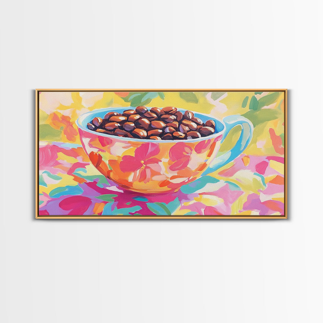 Floral Teacup With Coffee Beans Canvas Print, Coffee Bar Wall Art, Kitchen Decor, Cafe Art, Coffee Lover Gift, Home Decor