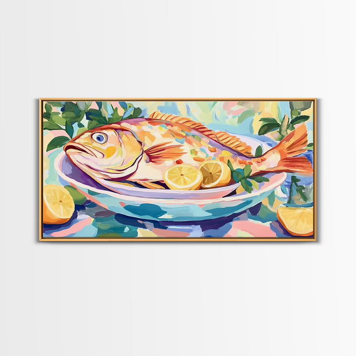 Whole Fish With Lemons On Platter Canvas Print, Coastal Kitchen Wall Art, Seafood Wall Decor, Nautical Home Decor Gift Idea