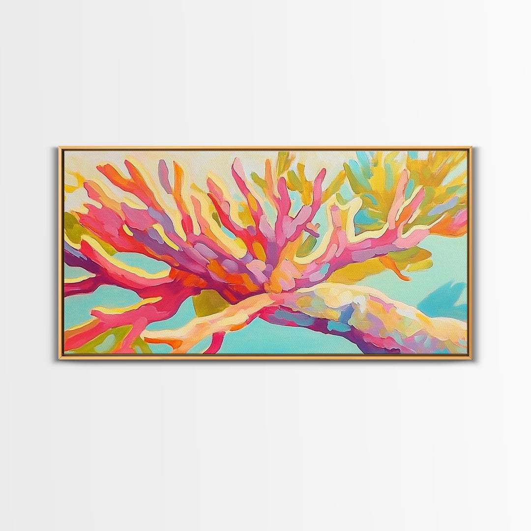 Bright Pink Coral Reef Branch Wall Art, Tropical Ocean Canvas Print, Coastal Decor, Marine Life Art, Vibrant Beach House Decor