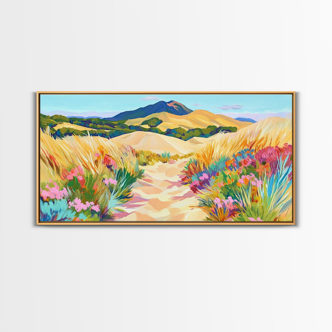 Golden Dune Path Canvas Print, Wildflower Landscape Wall Art, Coastal Desert Decor, Mountain Wall Art, Large Horizontal Art
