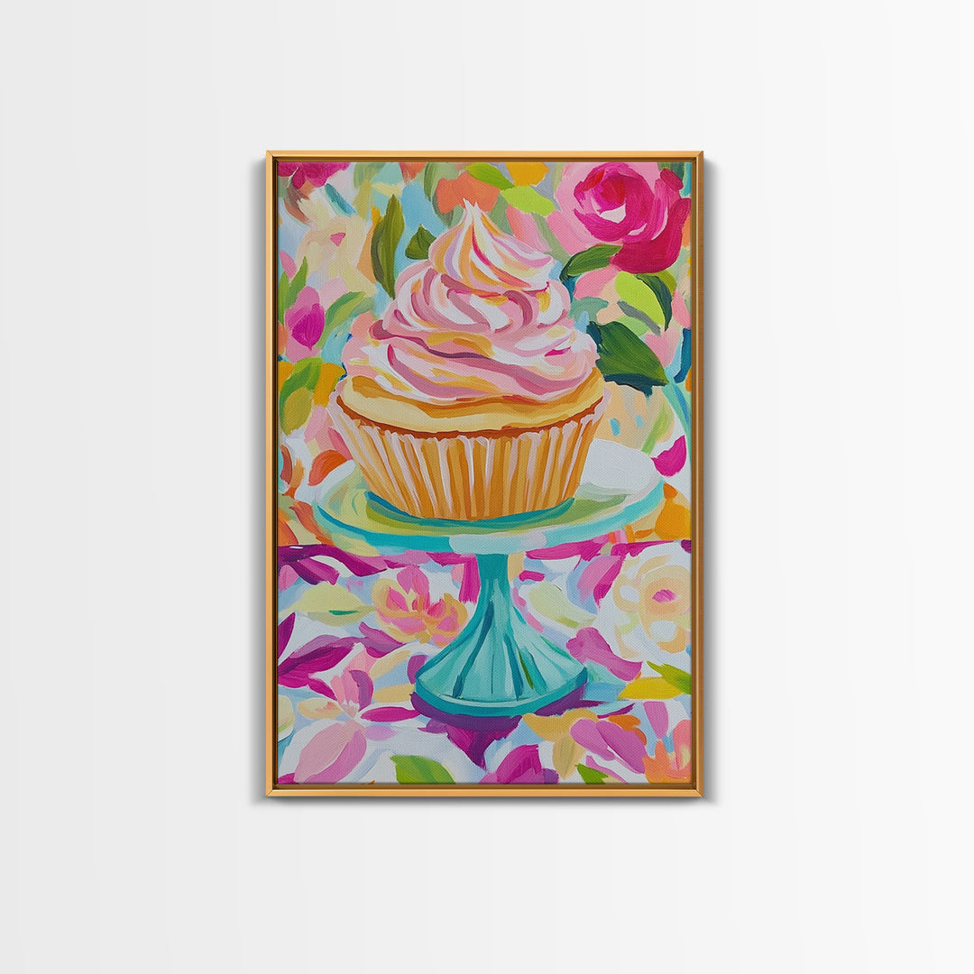 Pink Cupcake On Turquoise Cake Stand Wall Art, Cute Bakery Canvas Print For Kitchen Decor, Girls Room Art, Gift For Baker