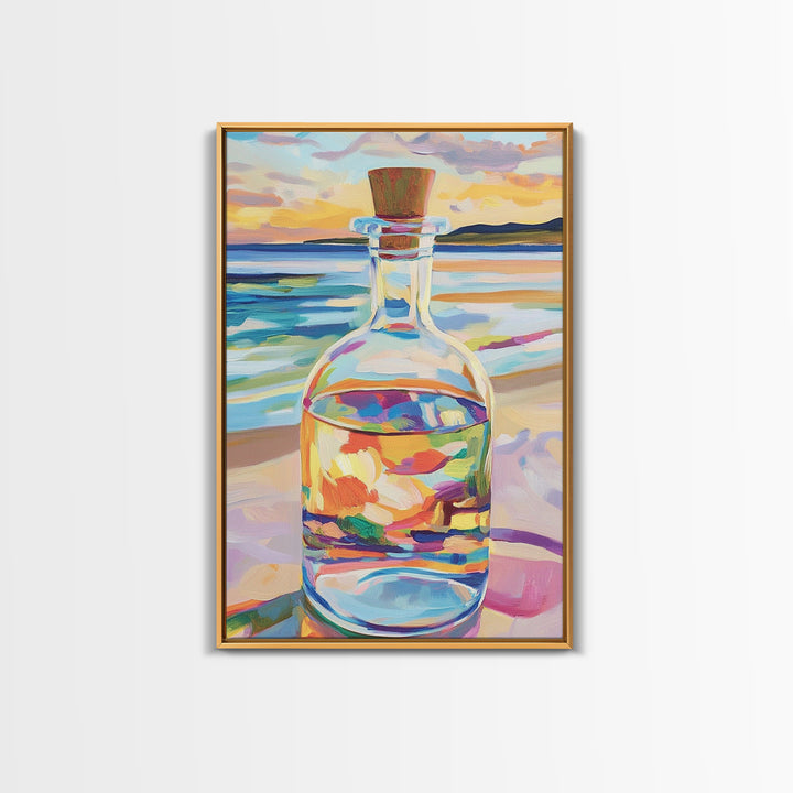 Glass Bottle At Sunset Beach Wall Art, Coastal Canvas Print For Ocean Decor, Seascape Art, Beach House Decor Gift For Her