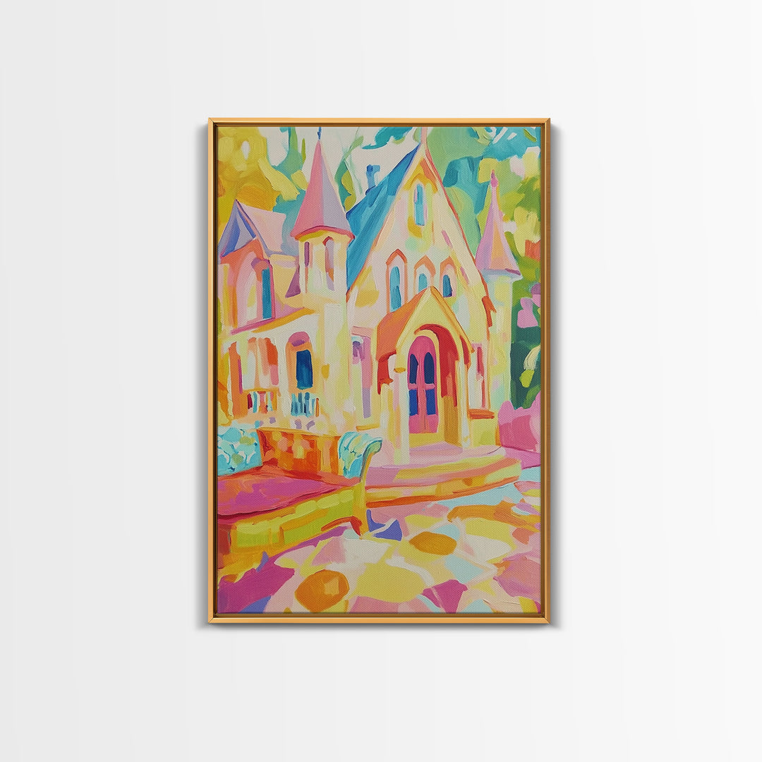 Pastel Storybook Castle With Swan Framed Canvas Print, Whimsical Wall Art, Kids Room Decor, Fairy Tale Nursery Gift For Girls Room
