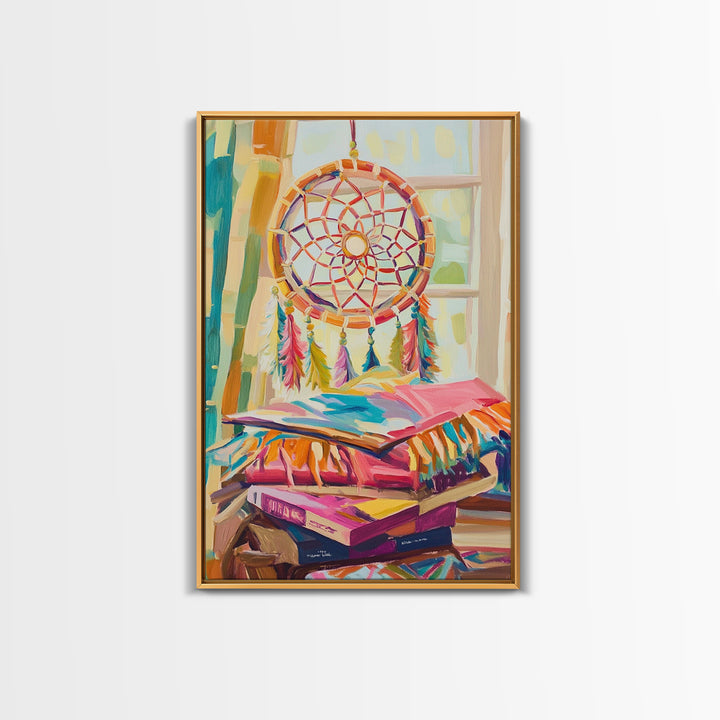 Boho Dreamcatcher And Stacked Books By Window Canvas Print, Whimsical Wall Art, Reading Nook Decor, Colorful Bedroom Art
