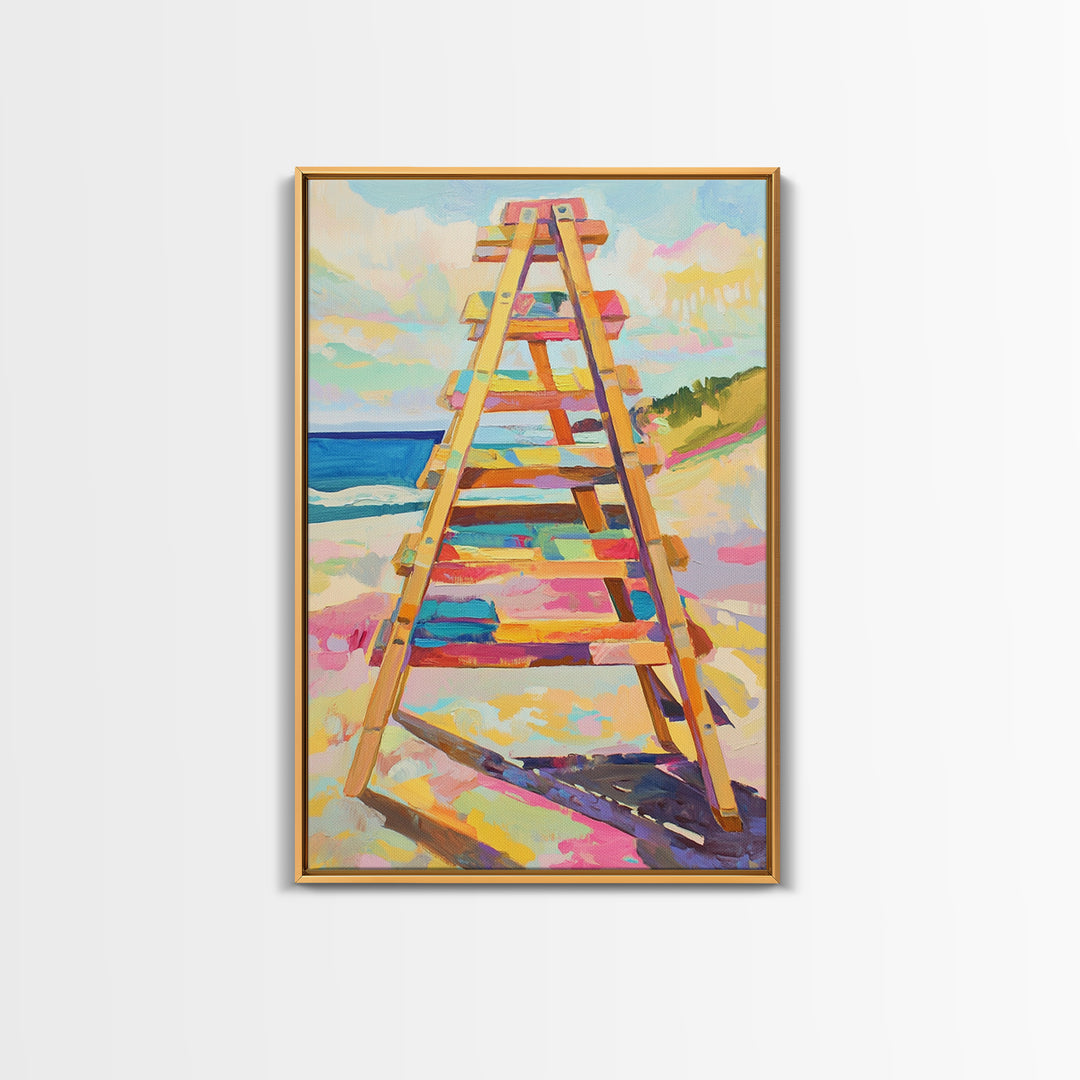 Pastel Beach Ladder Leading To Blue Ocean Wall Art, Coastal Wall Decor, Summer Beach House Decor, Large Canvas Print, Housewarming Gift