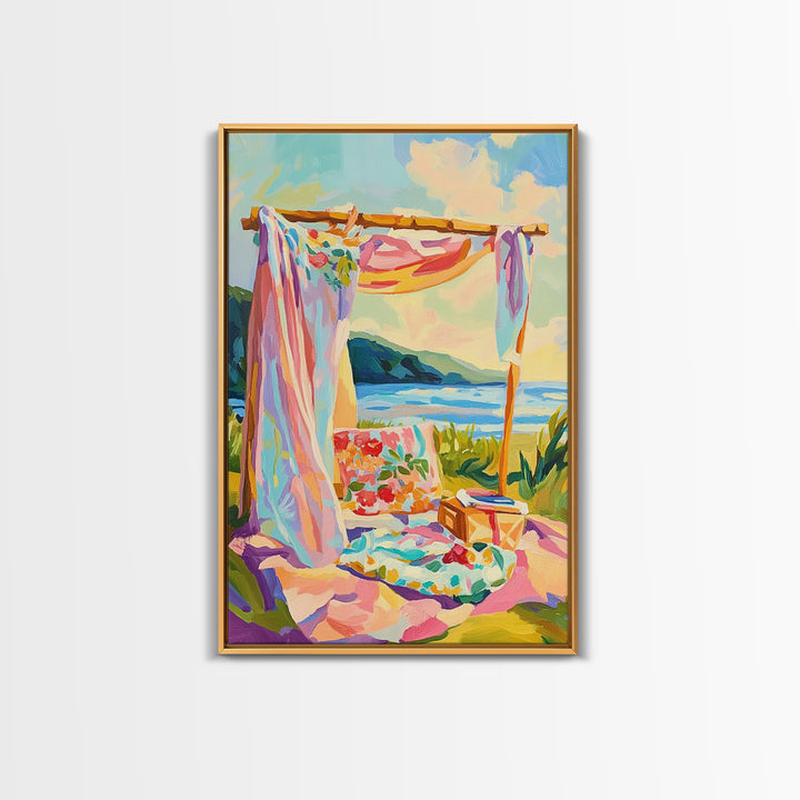 Sunny Beach Cabana Picnic Canvas Print, Coastal Wall Art, Tropical Beach House Decor, Summer Ocean Landscape, Gift For Her