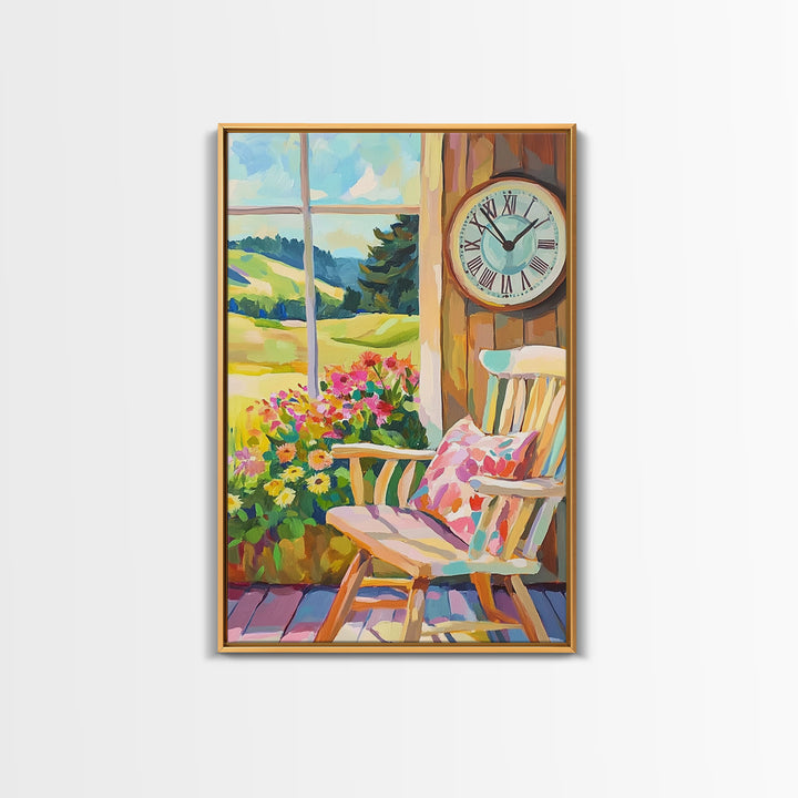 Sunlit Porch Rocking Chair Canvas Print, Country Wall Art, Farmhouse Decor, Floral Landscape Art, Cozy Living Room Decor Gift
