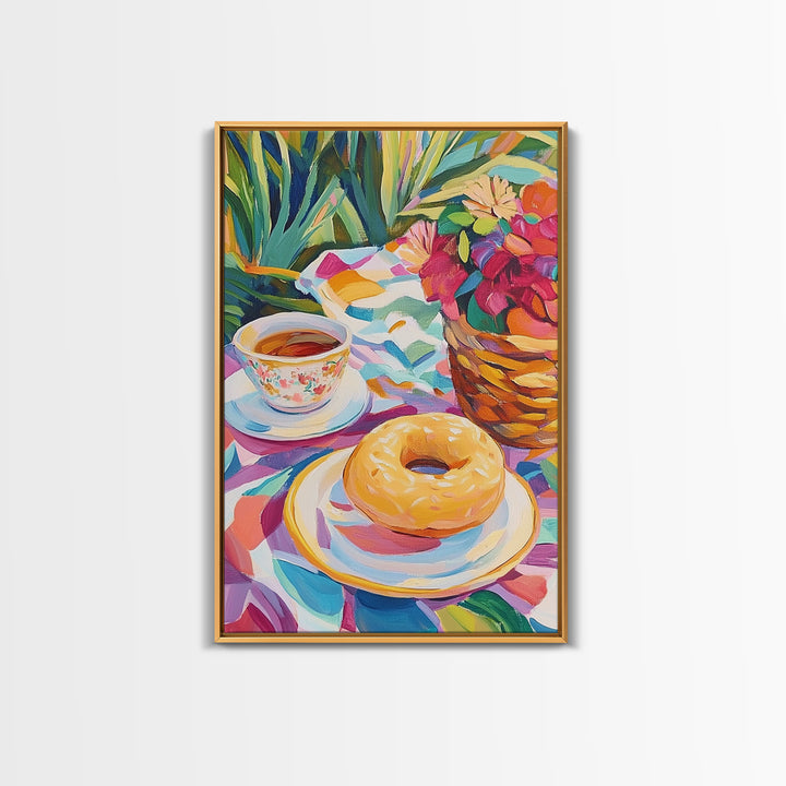 Tea Cup And Glazed Donut Garden Picnic Canvas Print, Kitchen Wall Art, Coffee Bar Decor, Whimsical Food Art, Gift For Her