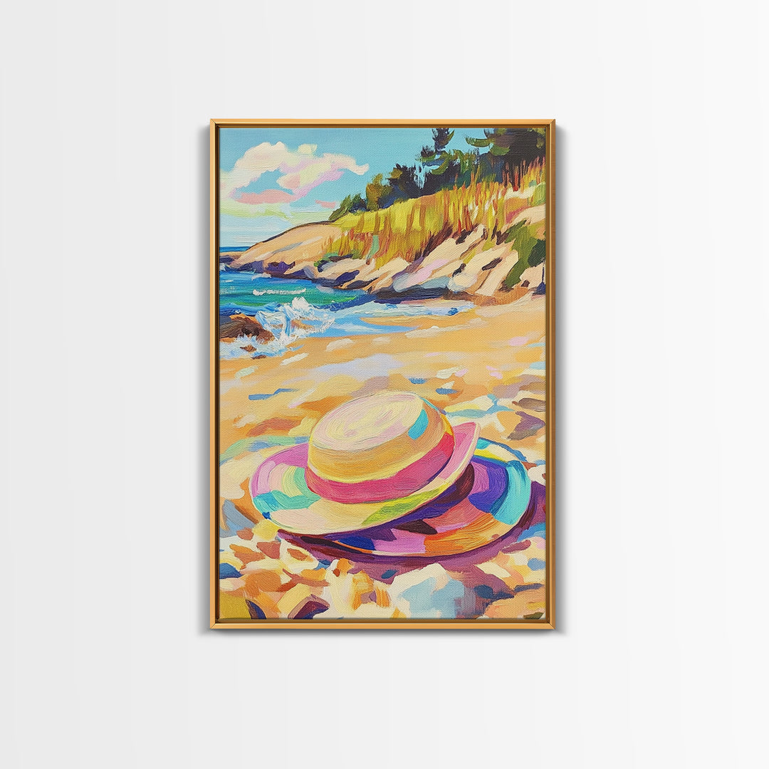 Striped Beach Hat On Shore Canvas Print, Coastal Wall Art, Summer Beach House Decor, Ocean Landscape Art, Gift For Her, Seaside Wall Decor