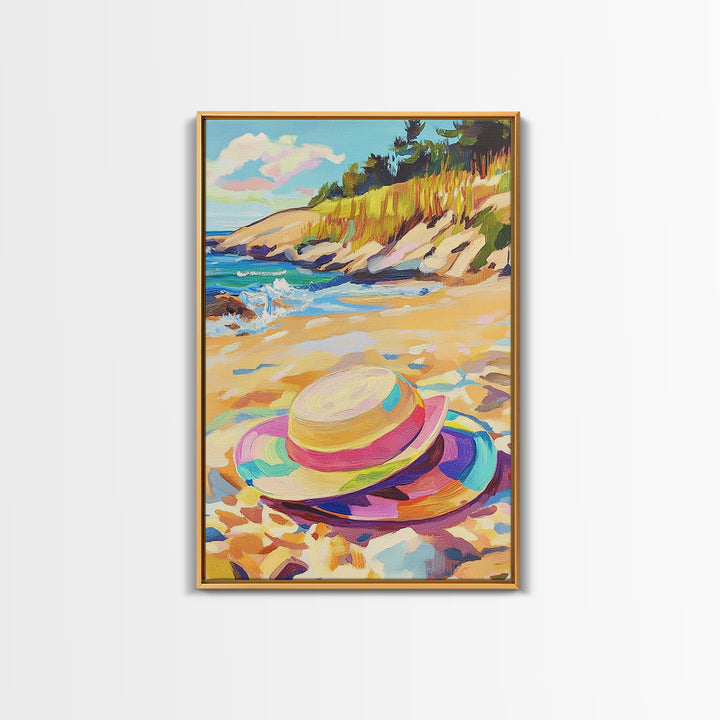Striped Beach Hat On Shore Canvas Print, Coastal Wall Art, Summer Beach House Decor, Ocean Landscape Art, Gift For Her, Seaside Wall Decor