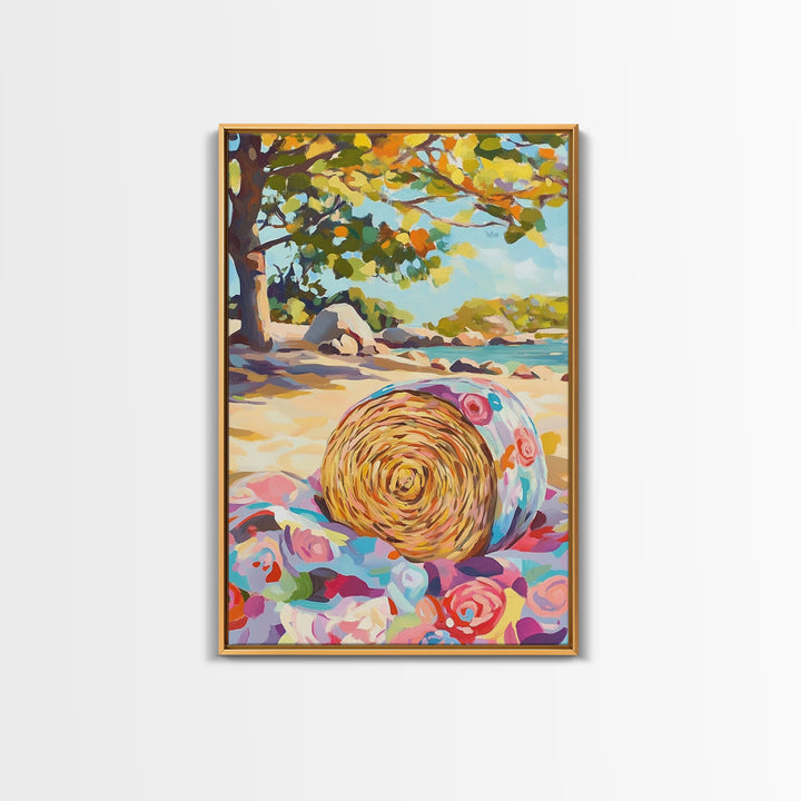 Floral Straw Hat On Sunny Beach Wall Art, Coastal Canvas Print, Tropical Seascape, Beach House Decor, Summer Gift For Her