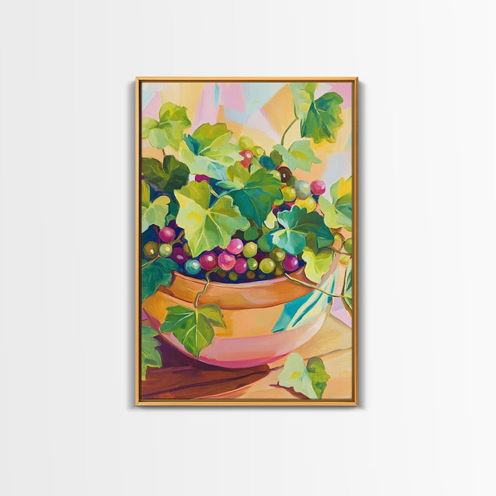 Grapes And Ivy In Ceramic Bowl Canvas Print, Colorful Kitchen Wall Art, Fruit Still Life, Winery Decor, Dining Room Prints