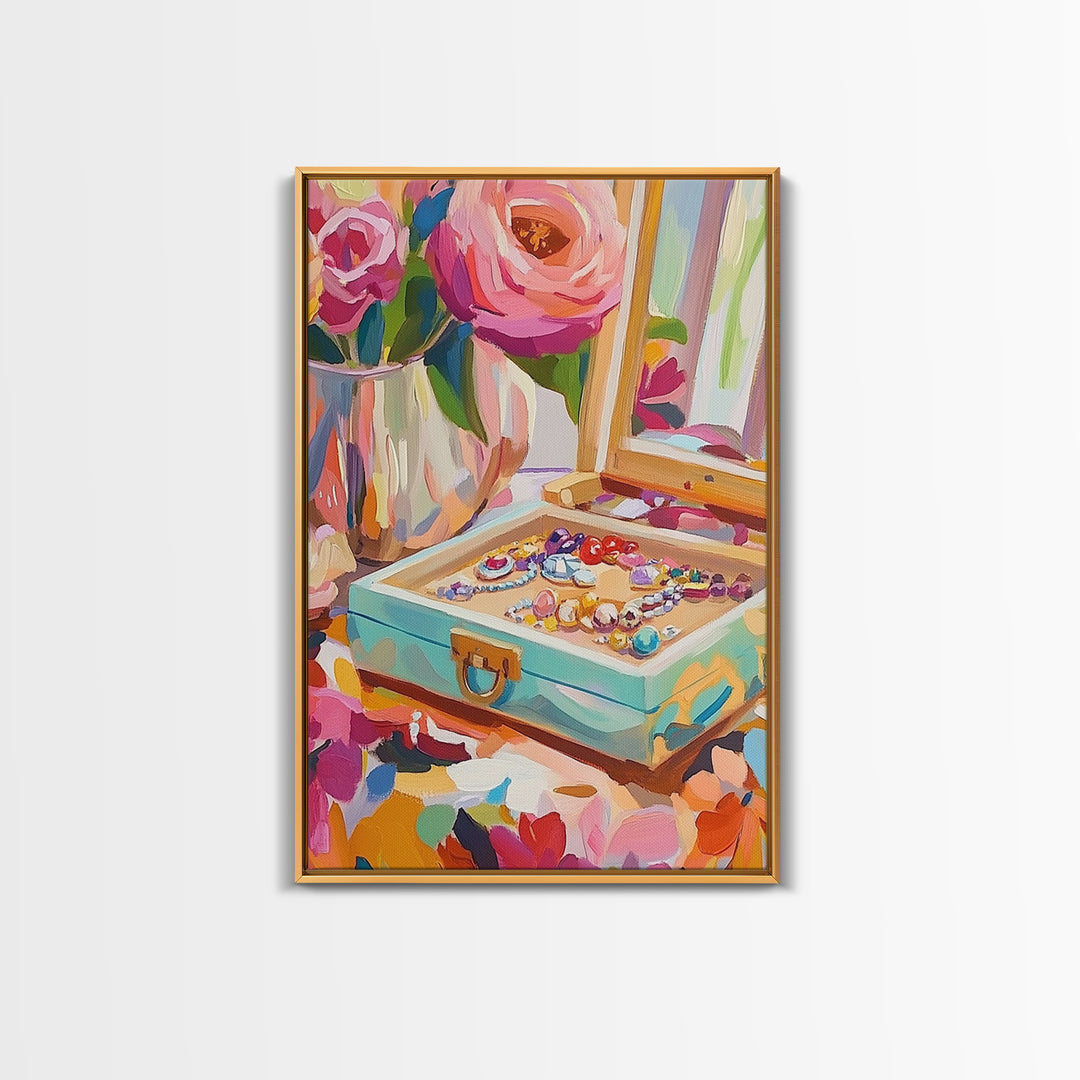 Pink Roses Jewelry Box With Rings Framed Canvas Print, Feminine Vanity Wall Art, Coquette Bedroom Decor, Romantic Gift For Her