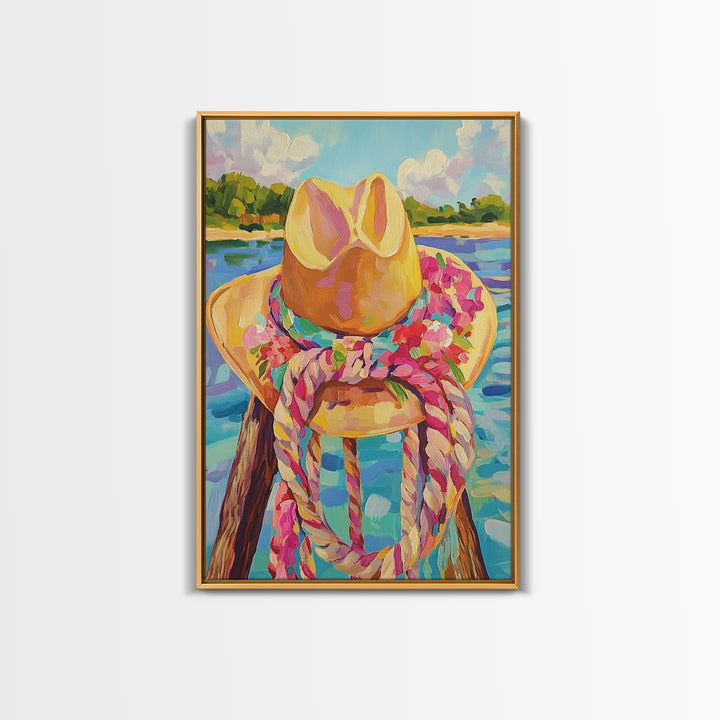 Cowgirl Hat And Rope By Lake Framed Canvas Print, Western Wall Art For Coastal Cowgirl Decor And Rustic Home Decor, Living Room Wall Decor